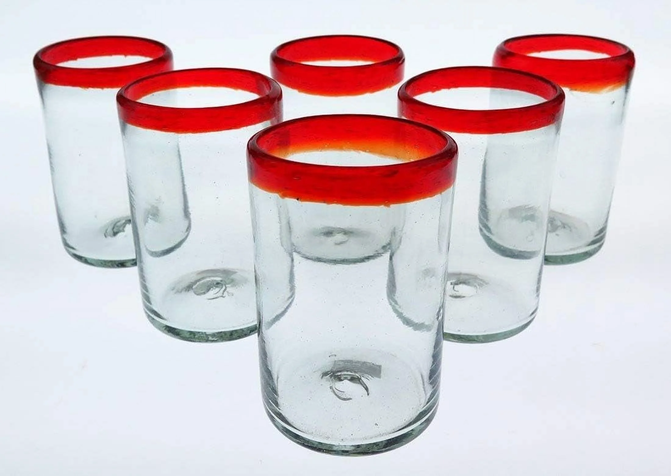 Mexican Glass Red Rim, Hand Blown, 16 Oz, Set Of 6