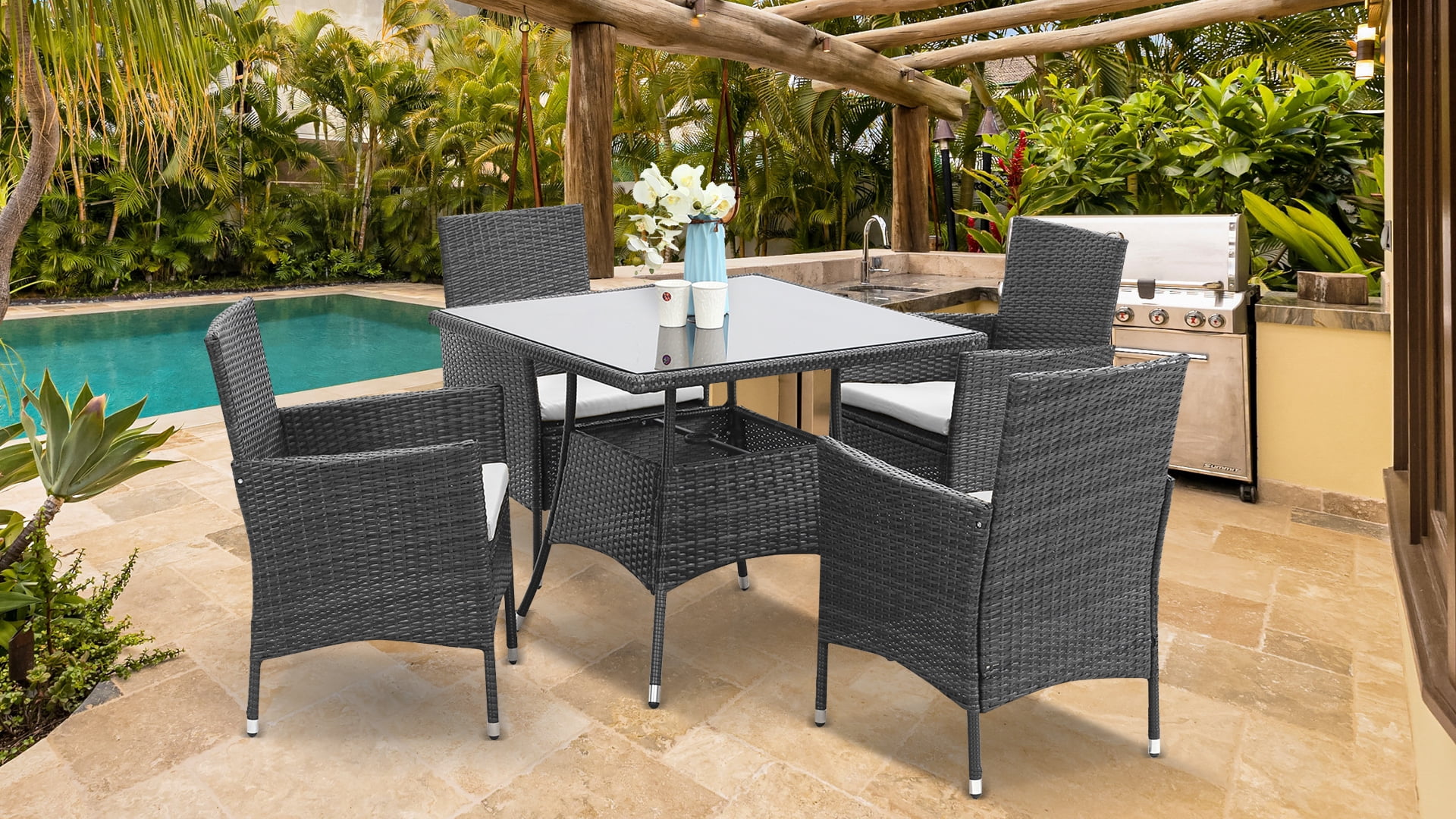 CozyHom 5 Pcs Outdoor Patio Wicker Furniture Dining Table Sets, Sectional Conversation Glass Dining Table Chairs Set for 4 with Umbrella Hole, Grey