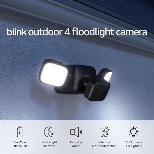 Blink Outdoor 4 Floodlight Camera (newest model), Wire-free smart security camera, 700 lumens, two-year battery life, HD live view