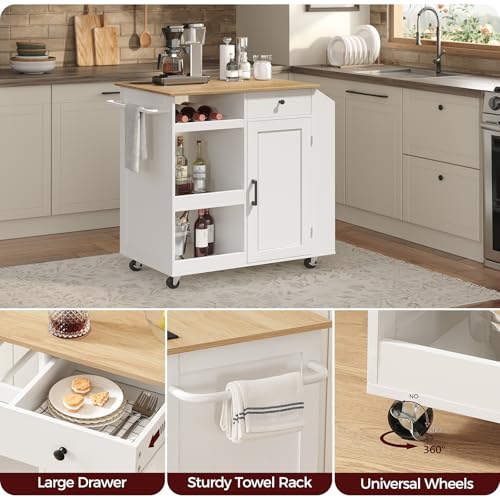 Kitchen Island with Power Outlet, Kitchen Storage Island with Drawer, Rolling Kitchen Cart on Wheels, Spice Rack, Towel Rack, Wine Rack