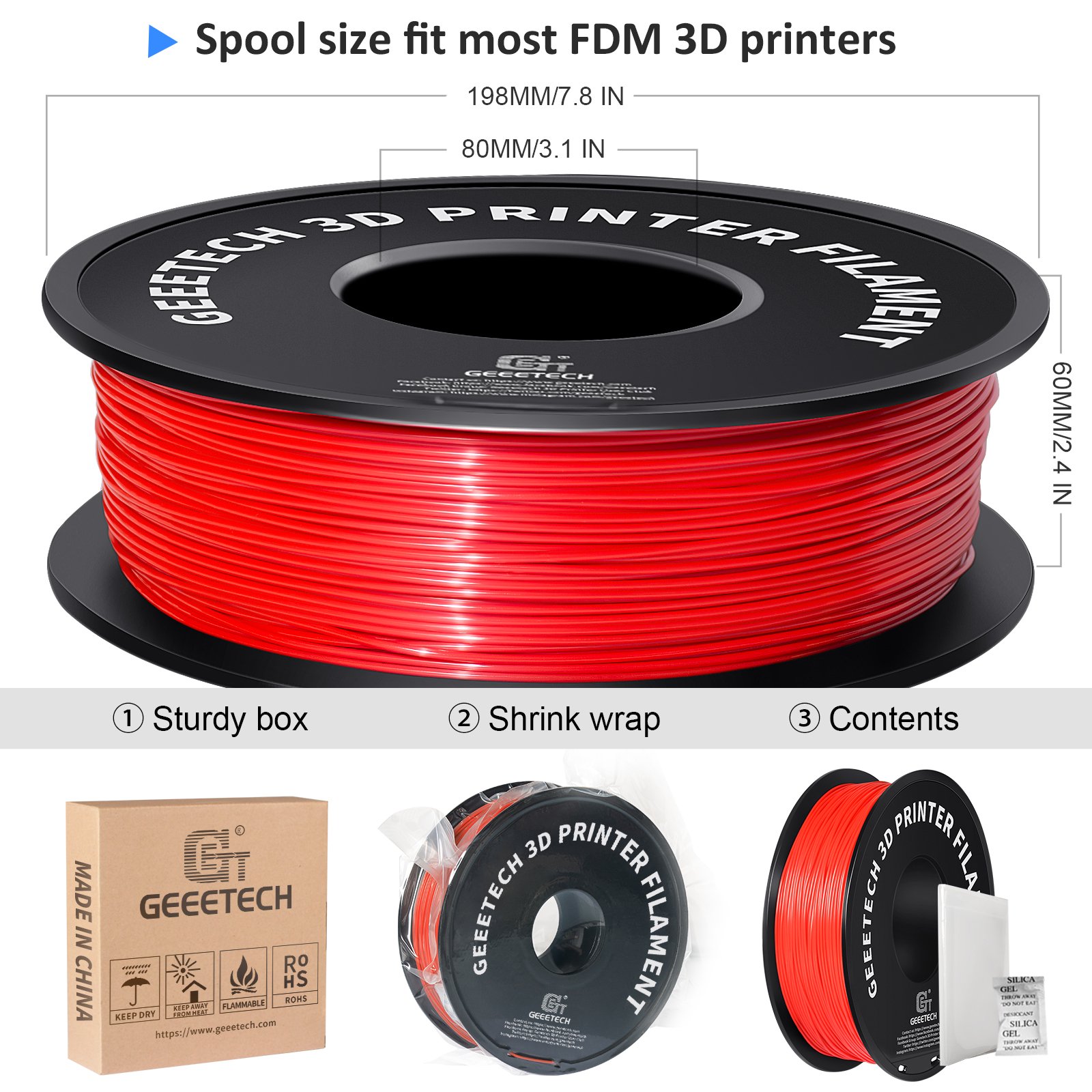Geeetech 5pcs red 1.75mmPLA 3D Printer Filament , Dimensional Accuracy +/-0.03mm, 5kg (11lbs) , 1080 Feet （330m）per Roll, Fit for Most 3D FDM Printer