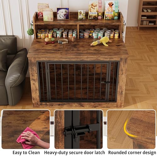 IRONCK Extra Large Dog Crate Furniture, 43.3 inches Wooden Dog Crate with Storage and 4 Hooks, Heavy Duty Pet Crate for Large Dog