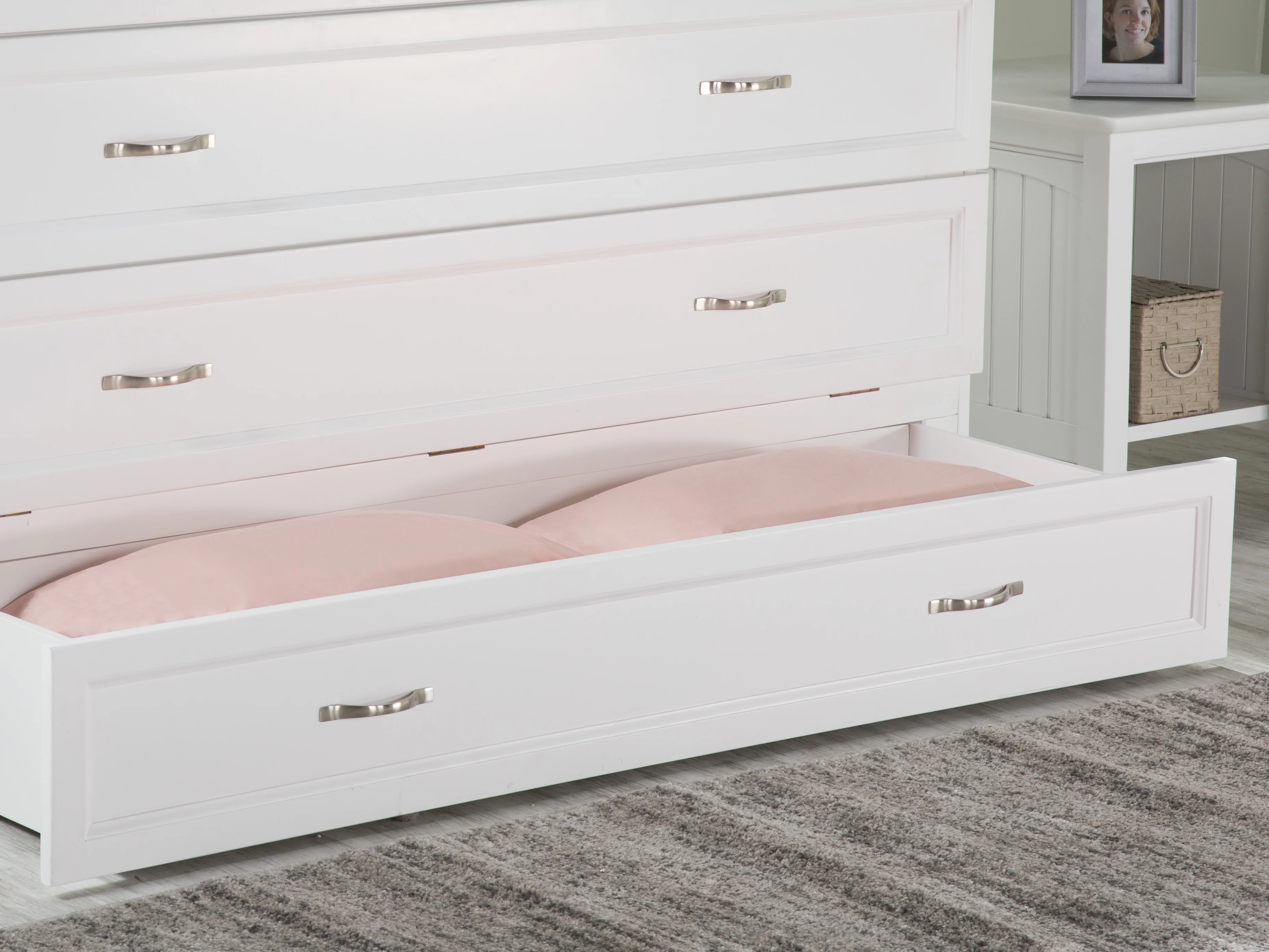 AFI Deerfield Queen Solid Wood Murphy Bed Chest with Mattress, Drawer & Charger in White