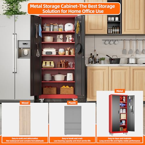 Metal Storage Cabinet with Wheels, 73" H Rolling Garage Cabinets with Locking Doors and Adjustable Shelves for Home Office, Basement, Pantry, Workshop