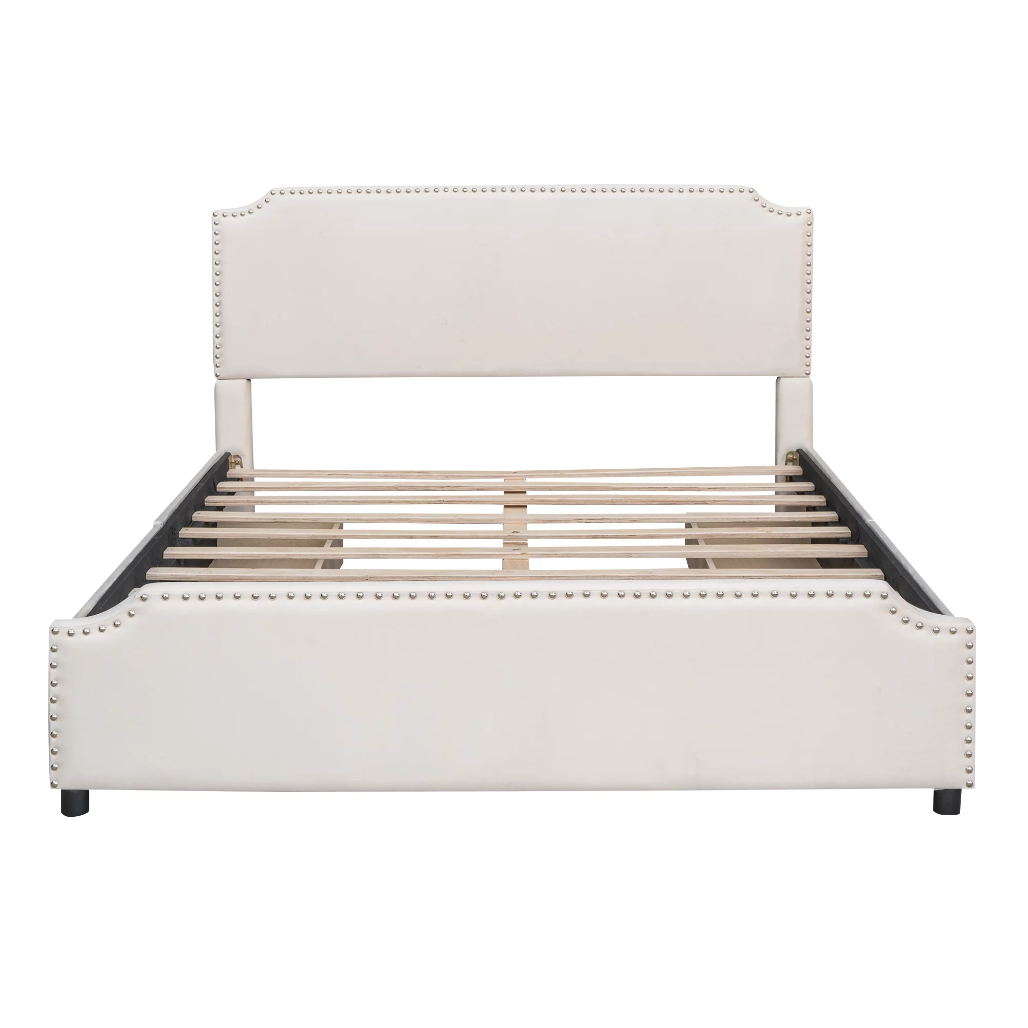 Upholstered Queen Size Bed with 4 Storage Drawers,Upholstered Platform Bed Frame with Stud Trim Headboard and Footboard