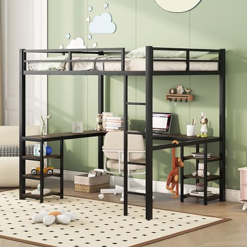 Harper & Bright Designs Full Size Loft Bed with Wardrobe and L-Shaped Desk, Metal Loft Bed with Storage Cubes, Cabinet, Shelves for Kids Teens, White