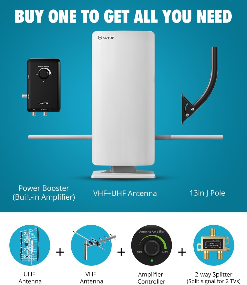TV Antenna ANTOP 2024 Digital Antenna for Smart TV Indoor Outdoor with Mounting J Pole & Signal Booster, Support HD 4K 1080p VHF UHF