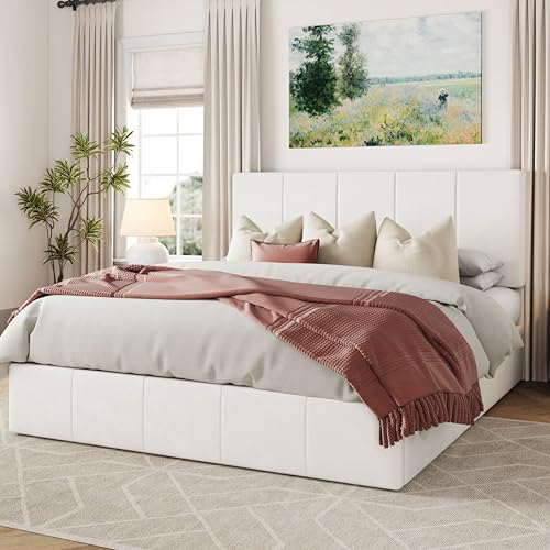 Allewie Queen Size Velvet Lift Up Storage Bed Frame, Vertical Channel Tufted Headboard, Hydrualic Underneath Storage, Upholstered Platform Bed