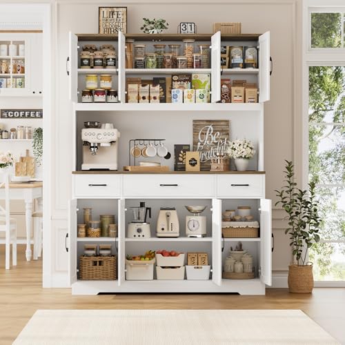 HOSTACK 71" Tall Kitchen Pantry Storage Cabinet with Charging Station, 55" Wide Kitchen Hutch Cabinet with Large Countertop