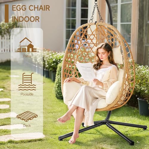 Egg Chair with Stand, Wicker Rattan Swing Hammock Chair with Fine Lace & Cushion, Hanging Chair with Double Chains