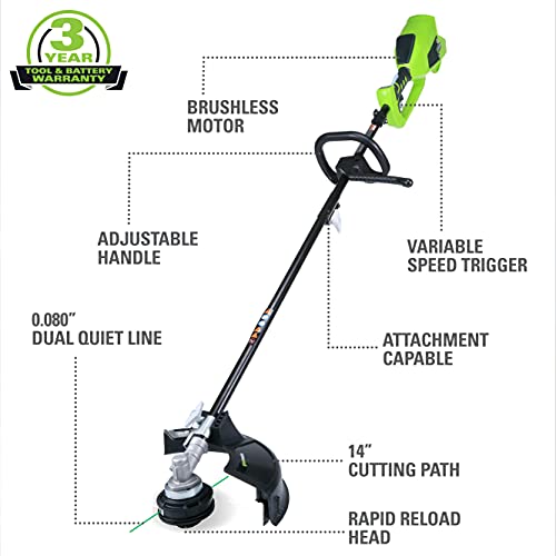 Greenworks 40V 14" Brushless Cordless (Attachment Capable) String Trimmer, 4.0Ah Battery and Charger Included