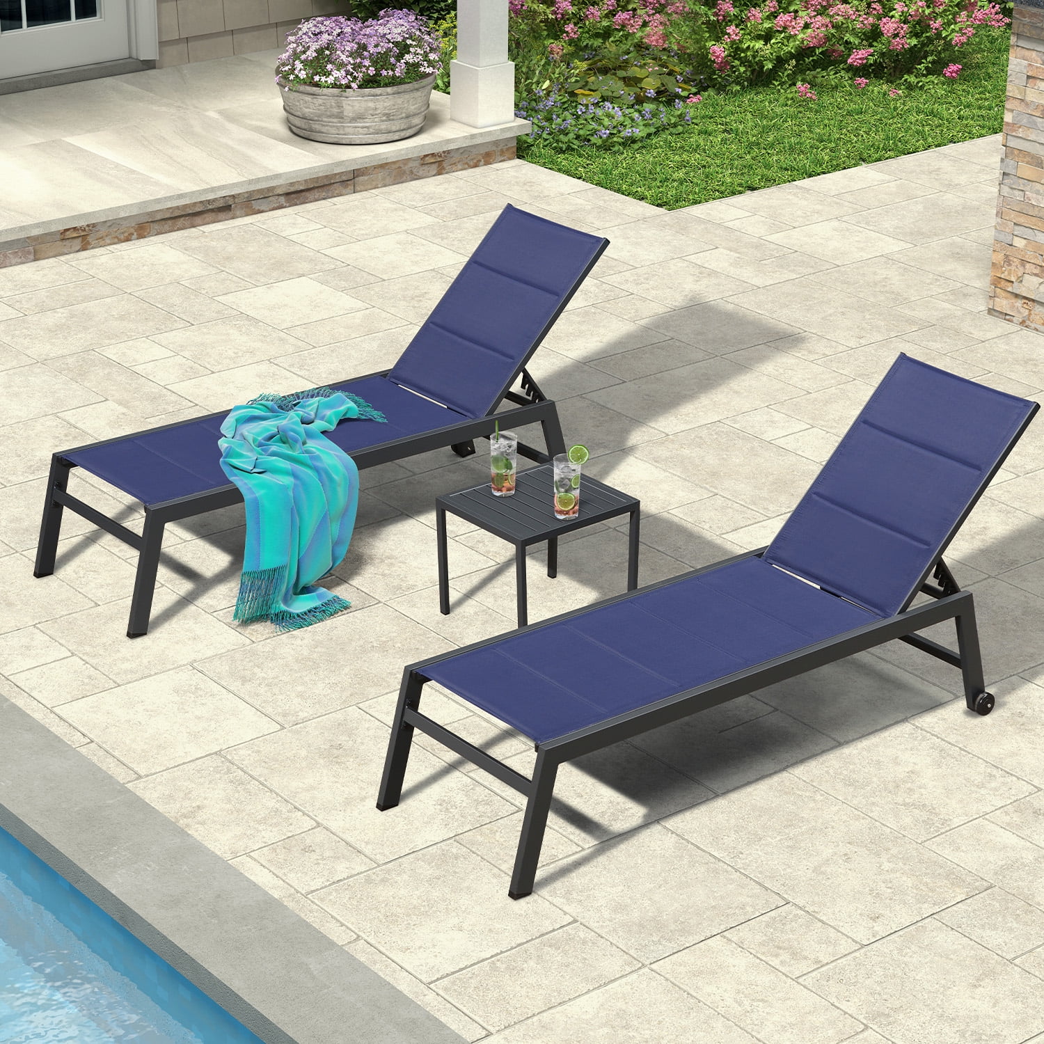 PURPLE LEAF Outdoor Chaise Lounge Set of 3 Aluminum Patio Lounge Chair with Wheels and Side Table Pool Chaise Lounge Chair for Outdoor Backyard
