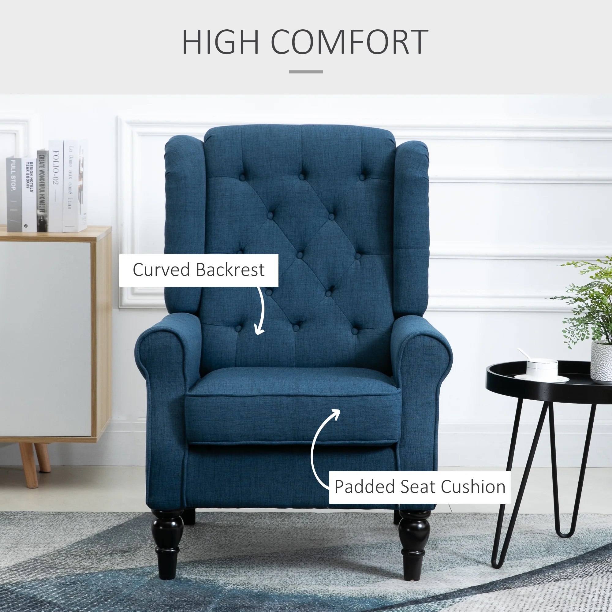 HOMCOM Button-Tufted Accent Chair with High Wingback, Rounded Cushioned Armrests and Thick Padded Seat, Blue