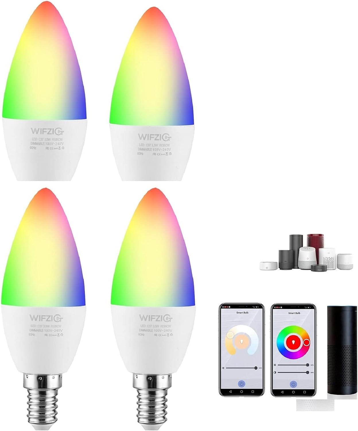WIFZIG Smart Candelabra Bulb,E12 LED Candle Light Bulbs, 40W Equivalent For Ceiling Fan,Chandelier Bulb Work with Alexa&Google Home, 2700-6500K+RGB