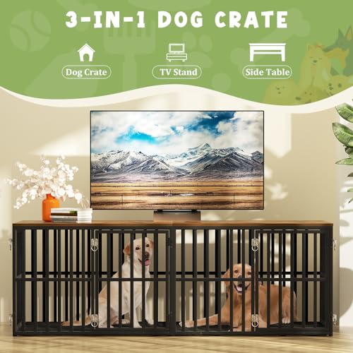 Dog Crate Furniture for 2 Dogs, 76” Wooden Dog Kennel with Divider, XXL Double Dog Crate Furniture Large Breed with 4 Doors