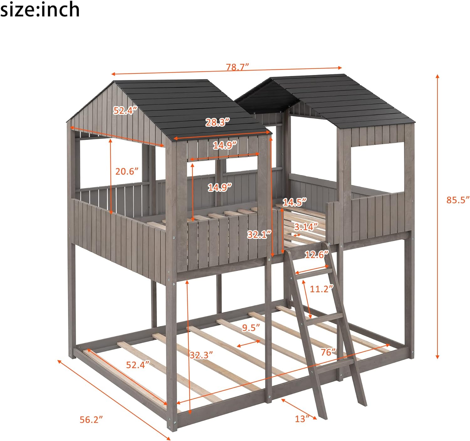 House Bunk Bed Full Over Full Size, Wooden House Bunk Beds Frame With Roof And Guard Rail, Floor Bunk Bed Frame For Kids, Teens