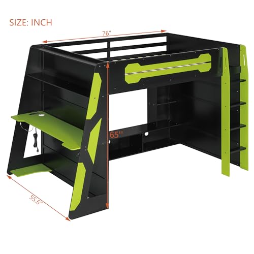 Gaming Bed with Desk,Wardrobe,Ample Storage Space,and RGB LED Light, Full Size Wood Loft Bed for Kids Bedroom (Cloud Blue/K)