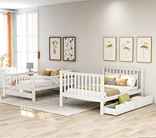Ball & Cast Twin-Over-Twin Bunk Bed with Twin-Size Trundle and 3 Storage Stairs,Wood Bunkbed w/Full-Length Guardrails,Slat Support