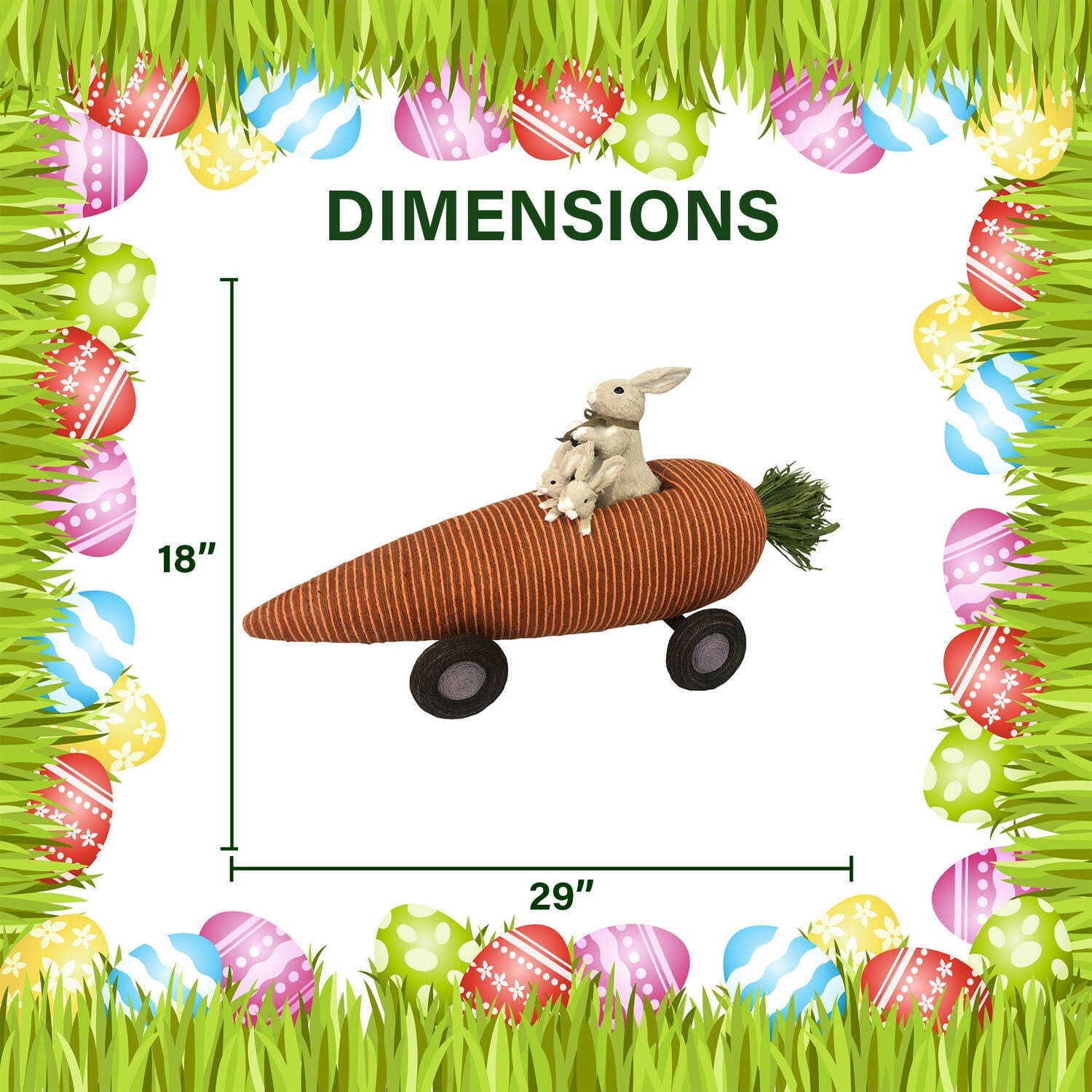 Fraser Hill Farm 29-In. Wide Sisal Carrot Car with Bunnies, Cute Easter Rabbit Figurine, Spring Decoration