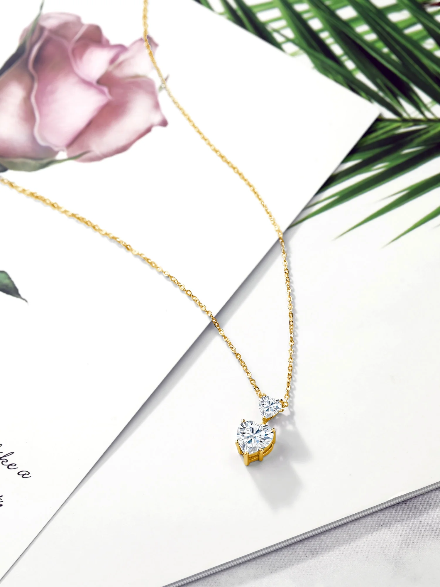 Gem Stone King 18K Yellow Gold Plated Silver White Moissanite Double Heart Pendant Necklace For Women (2.22 Cttw, Heart 8MM and 5MM