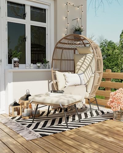 Oversize Wicker Egg Chair with 4 Comfy Cushions, Big Egg Shaped Lounger with Ottoman, Rattan Reading Chairs for Indoor Outdoor Patio Porch Backyard