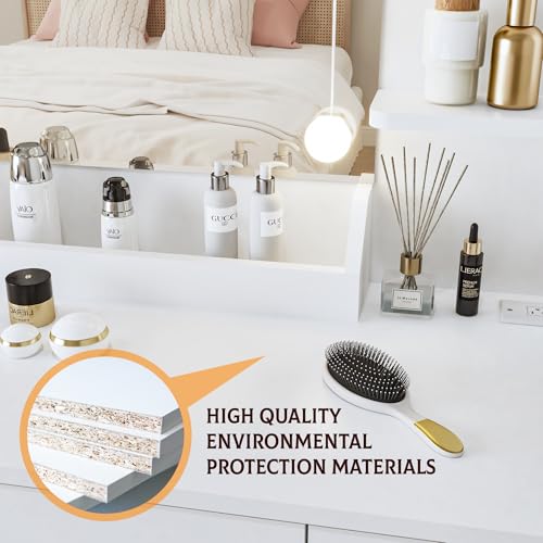 Vanity Desk with Mirror and Lights Dimmable LED Makeup Table with Drawers Side Cabinet 3 Storage Shelves Power Outlet Dressing Table Set Include