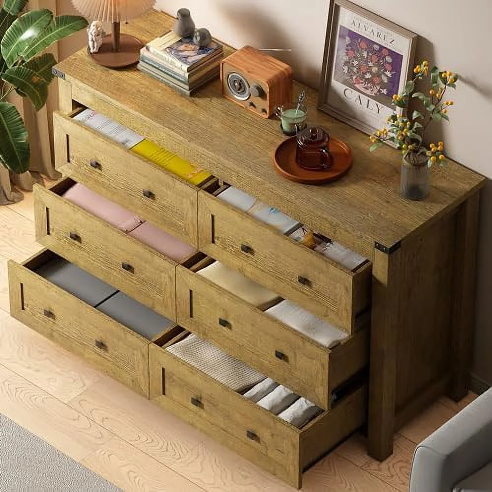 HJZUINIUNIU Farmhouse Dresser for Bedroom with 6 Drawers  Wood Rustic Wide Chest of Drawers   Dressers Organizer for Closet Hallway  Living Room