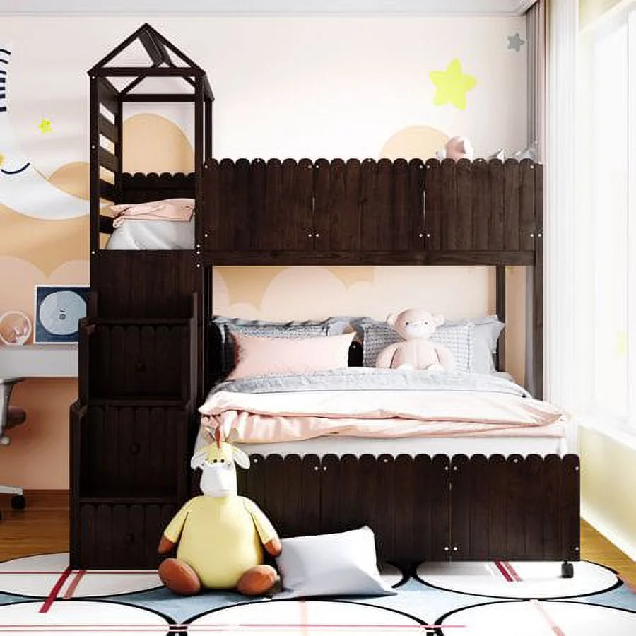 CHURANTY Wood Twin Over Full Loft Bed Stairway House Bed with Stairs and Drawers