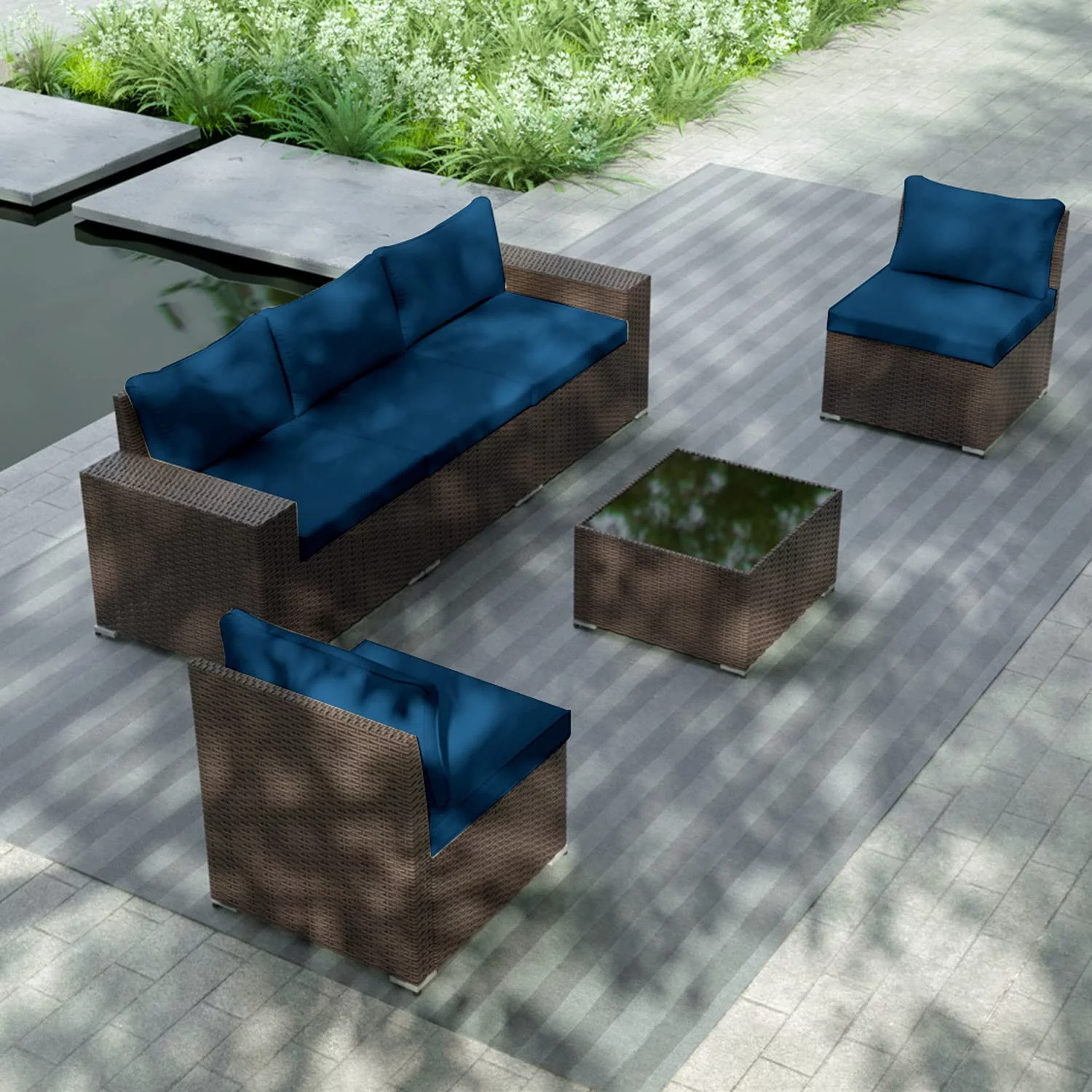 Gotland Outdoor Patio Furniture Set, 6 Pieces Outdoor Furniture All Weather Patio Sectional Sofa PE Wicker Modular Conversation Sets(navy blue)