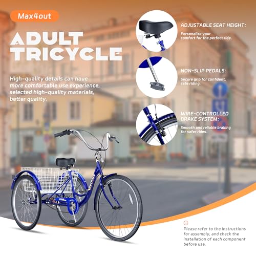7-Speed Adult Tricycle with Large Basket 24/26 Inch, Stable 3-Wheel Cruise Bicycle for Shopping, Beach and City Trike Perfect for Men, Women
