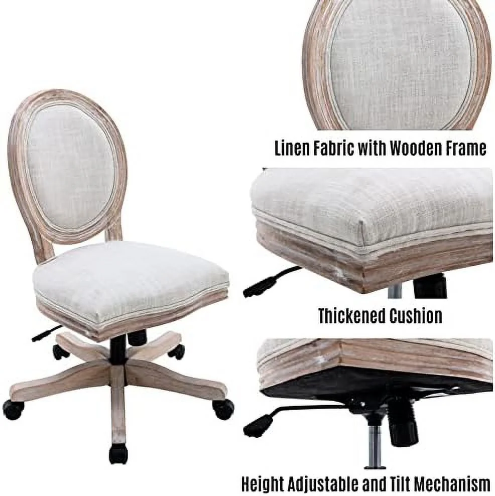 Rattan Back Linen Office Chair  Adjustable Height Swivel Task Chair with Wood Frame Armless Desk Chair with Wheels Upholstered Round Back Vanity