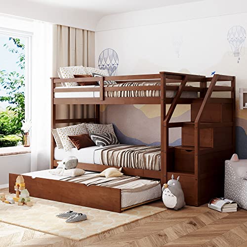Harper & Bright Designs Twin Over Twin Bunk Bed with Trundle, Wood Bunk Bed with Storage Stairs for Kids Teens Adults (Walnut)