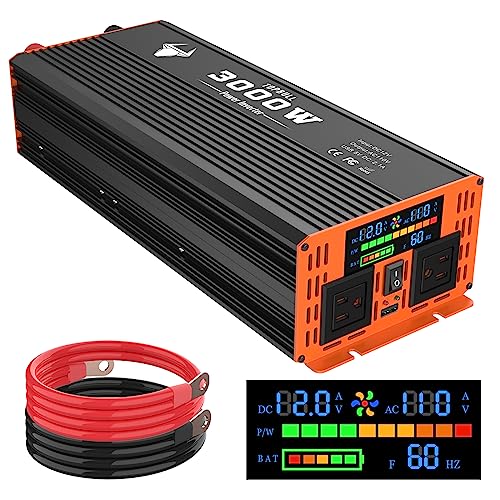 3000 Watt Power Inverter, Car/Home 12V DC to 110V AC Converter, with LED Display, Dual AC Outlets, USB Port, Dual Smart Fans, Cables Included