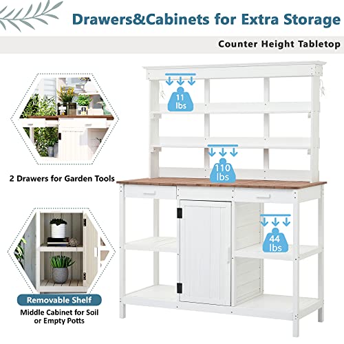 Merax 66" Large Outdoor Farmhouse Wooden Potting Bench Table, Garden Workstation with 2 Drawers, Cabinet, and Open Shelves for Backyard, Mudroom