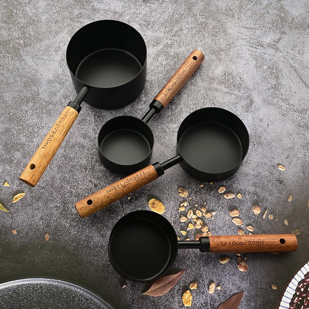 8 pieces Golden Measuring Cups Set and Measuring Spoons Set with Scale, Wooden Handle Stainless Steel Dry &amp