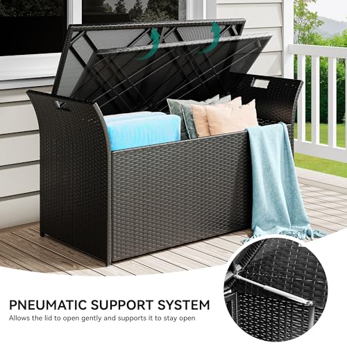 YITAHOME 90 Gallon Outdoor Wicker Storage Bench w/Cushion, Large PE Rattan Deck Storage Box w/Handles & Hydraulics for Patio Furniture, Cushions