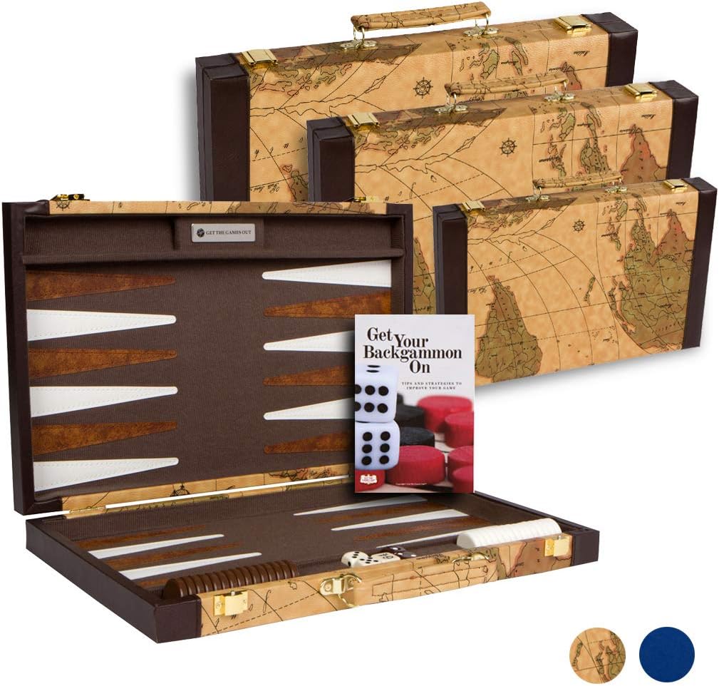 Get The Games Out Top Backgammon Set - Small Travel Size Classic Board Game Case - Best Strategy & Tip Guide (Map, Small)