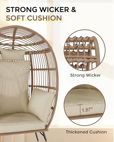 Oversize Wicker Egg Chair with Ottoman, Egg Basket Lounge Chair with Thick Cushion, Comfy Egg Rattan Seat for Indoor Outdoor Patio Porch Backyard