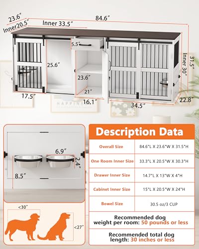 Piskyet 84.5" Double Medium Dog Crate Furniture,Heavy Duty Farmhouse Style Tv Stand Dog Kennel with Drawer and Cabinet