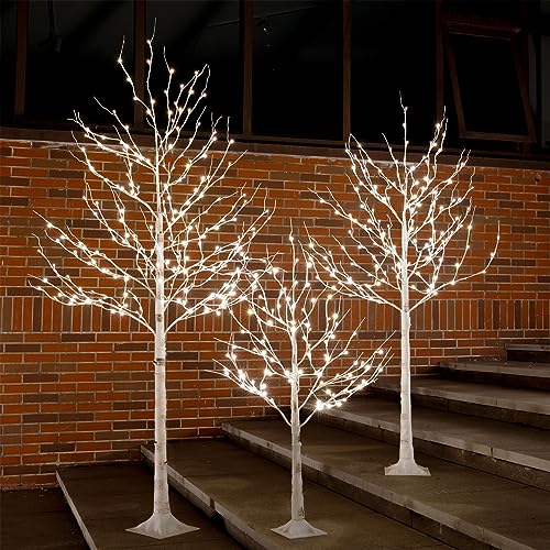 Lighted Birch Tree Set 4ft, 6ft and 8ft with Warm White LED Lights for Holiday Decor - Realistic Design, UL Certified, Dimmable, Waterproof