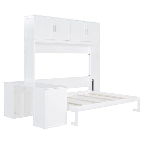 Harper & Bright Designs Twin Size Murphy Bed, Wooden Twin Wall Bed Frame with Closet, Drawers & Desk, White