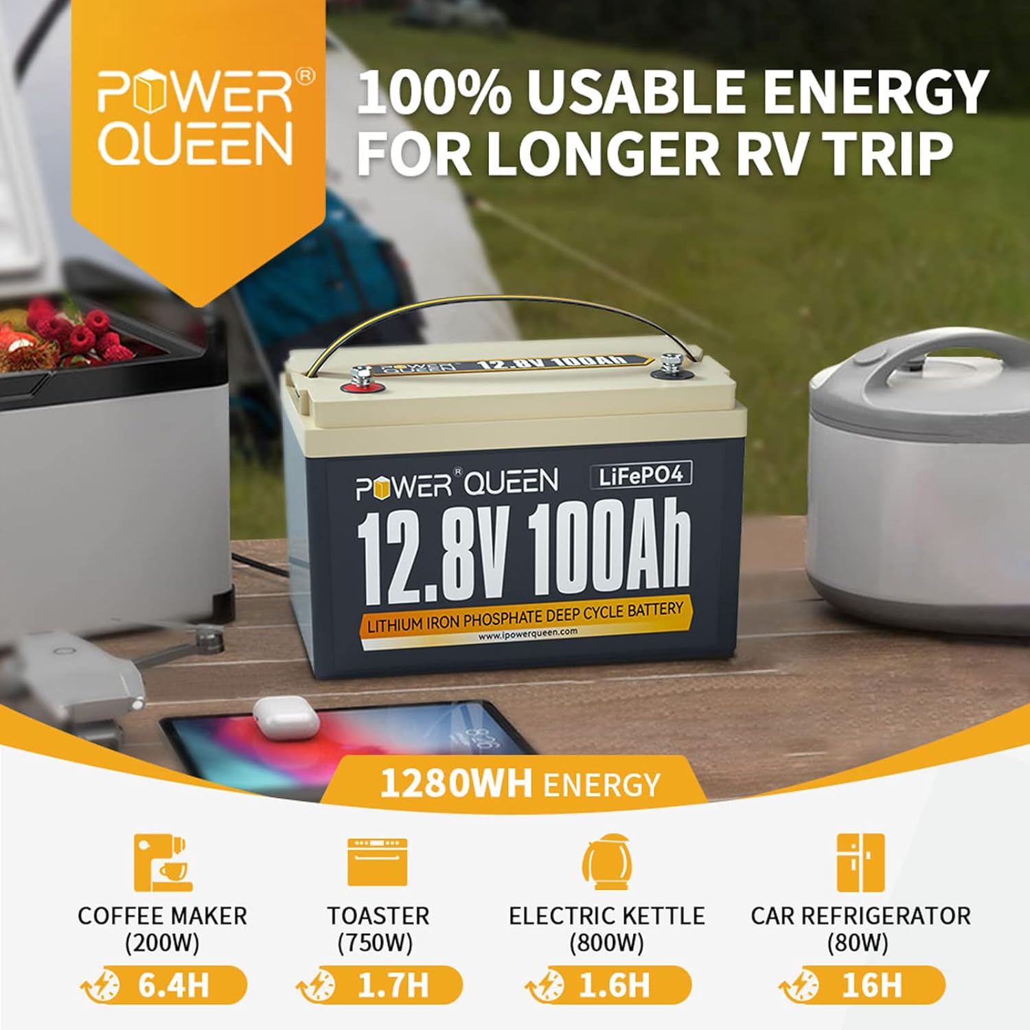POWER QUEEN 12.8V 200Ah LiFePO4 Battery, 2560Wh Lithium Iron Phosphate Battery, 4000+ Cycles, 10 Years Lifespan, Used for Solar Off Grid, RV Camper