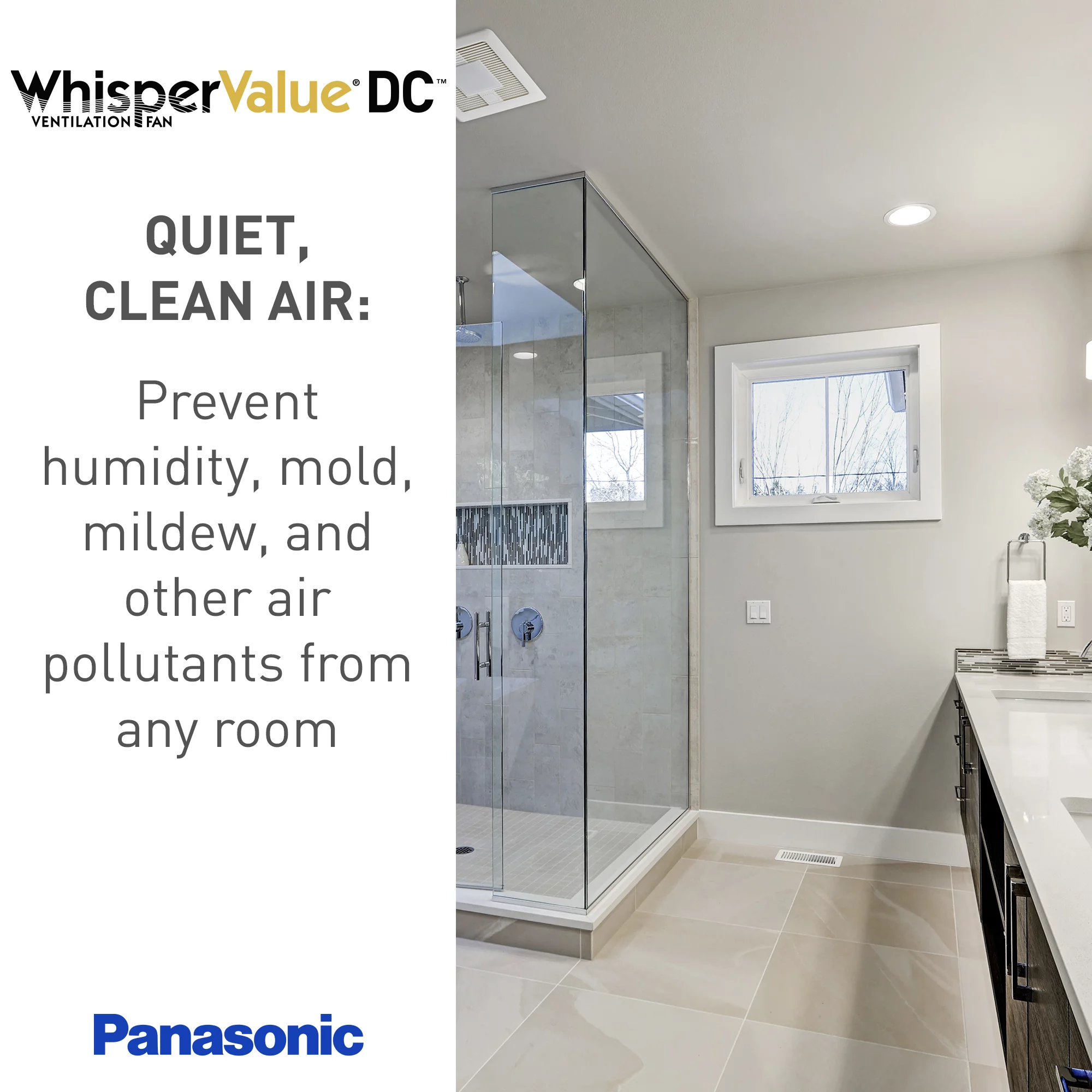 Panasonic WhisperValue DC Pick-a-Flow 50, 80, or 100 CFM Ceiling or Wall, Very Low Profile Exhaust Fan with Condensation Sensor, White
