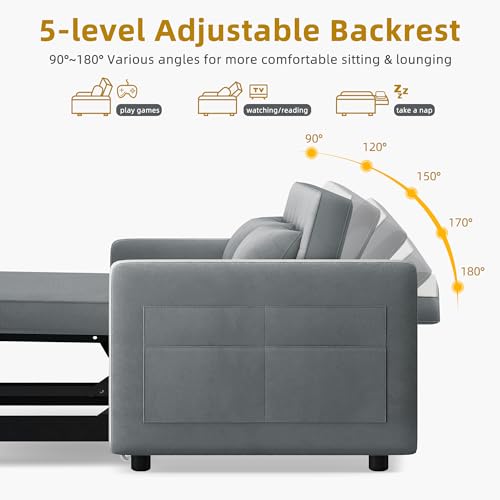 DWVO 55" Convertible Sofa Bed, 3-in-1 Sleeper Sofa with Pull-Out Bed, Velvet Futon Couch with Adjustable Backrest and Side Pocket