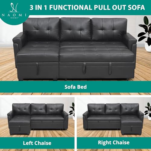 Naomi Home Jenny Sectional Sofa Sleeper with Storage Chaise, Tufted Pull Out Couch with Storage, L-Shaped Reversible Sleeper Sofa with Storage, Black