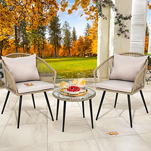 YITAHOME 3-Piece Wicker Small Patio Balcony Chair Set, Outdoor Rattan Conversation Apartment Chairs for Backyard