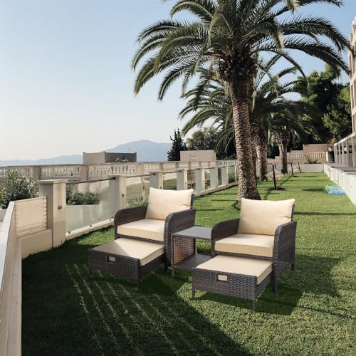 LEVELEVE Balcony Furniture 5 Piece Patio Conversation Set, PE Wicker Rattan Outdoor Lounge Chairs with Soft Cushions 2 Ottoman&Glass Table for Porch