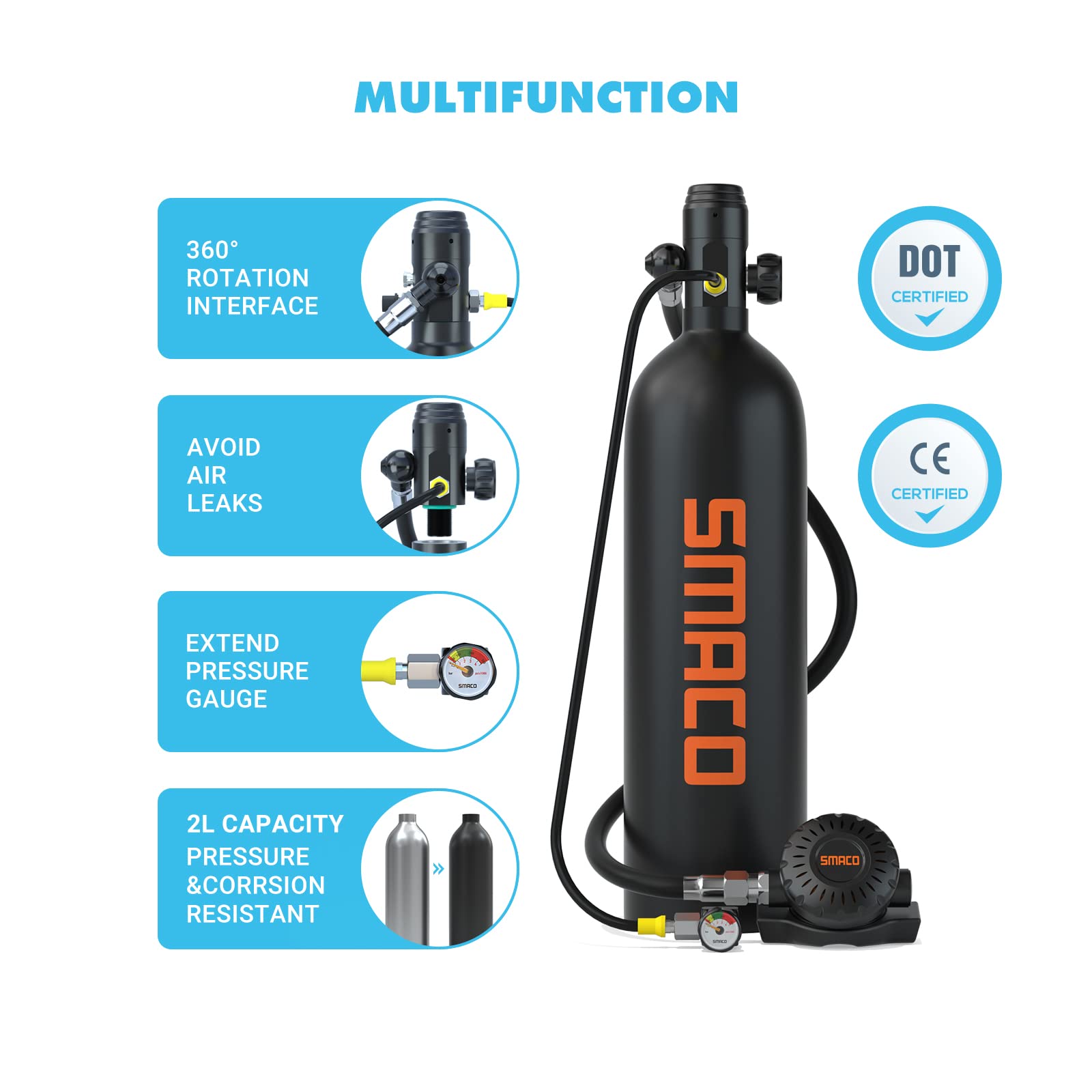 SMACO S700 1.9L Mini Scuba Tank with Full Face Diving Mask, —DOT Certified Tank with 25-30 Minutes Diving Cylinder for Underwater Exploraion