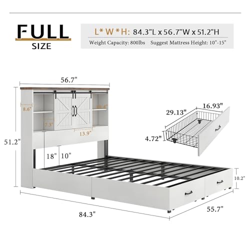 VanAcc Full Size Bed Frame, Wooden Platform Storage Bed with 51.2" Bookcase Headboard, 2 Drawers