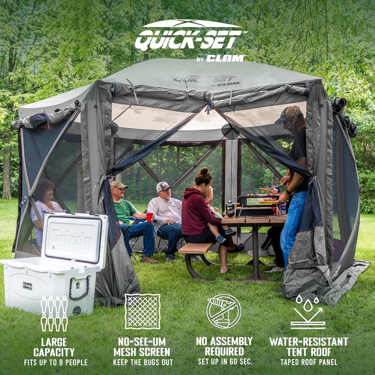 CLAM Quick-Set Pavilion 12.5 x 12.5 Ft Portable Pop-Up Outdoor Camping Screen Tent 6-Sided Canopy Shelter w/ Built-in Wind Panels & Carry Bag, Gray